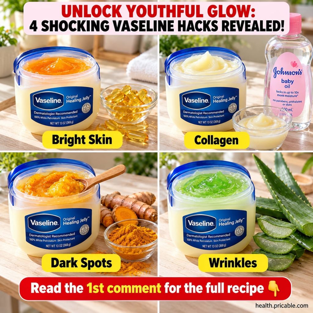 A jar of Vaseline with various small bowls of natural ingredients like lemon aloe vera and vitamin E capsules arranged a
