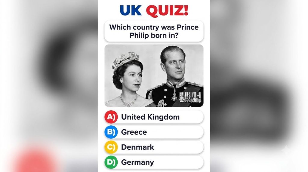 A formal vintage portrait of a young Prince Philip in military uniform with a question overlay asking Where was Prince P