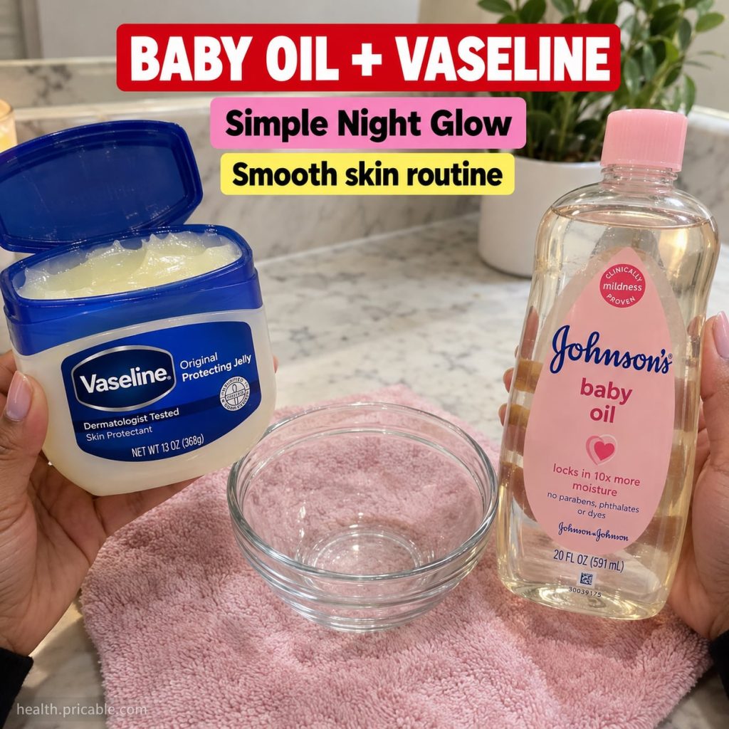 A close-up of a small glass jar containing petroleum jelly Vaseline next to a bottle of baby oil on a clean white surfac