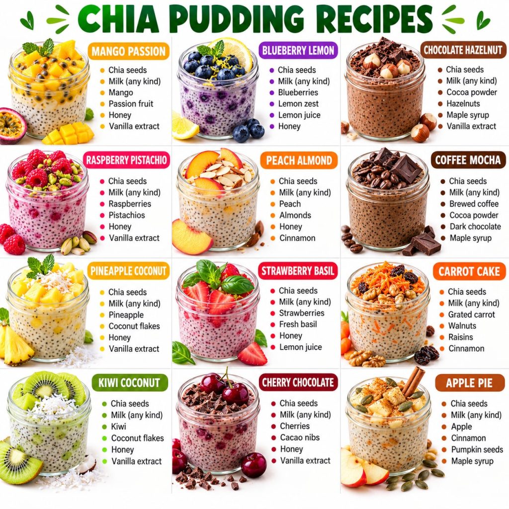 Various small glass jars filled with colorful chia puddings topped with fresh fruits nuts and seeds arranged appealingly