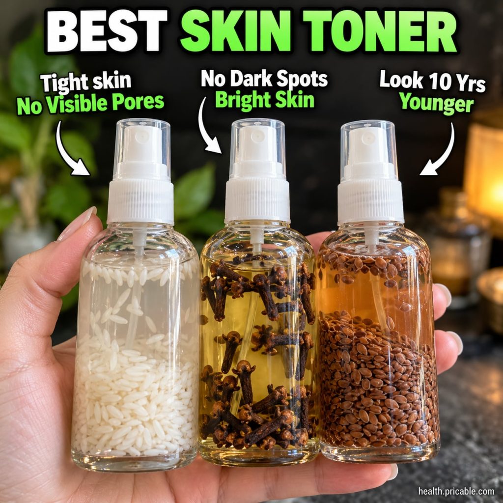 Two bottles of homemade skin toner one with rose petals the other with green tea leaves on a rustic wooden vanity with a