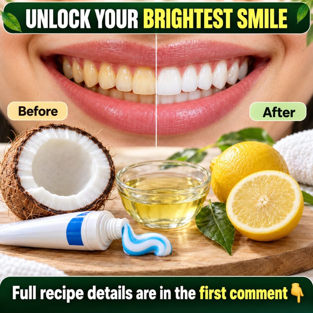 A collection of natural ingredients a small jar of coconut oil a sliced lemon and a tube of toothpaste arranged on a lig