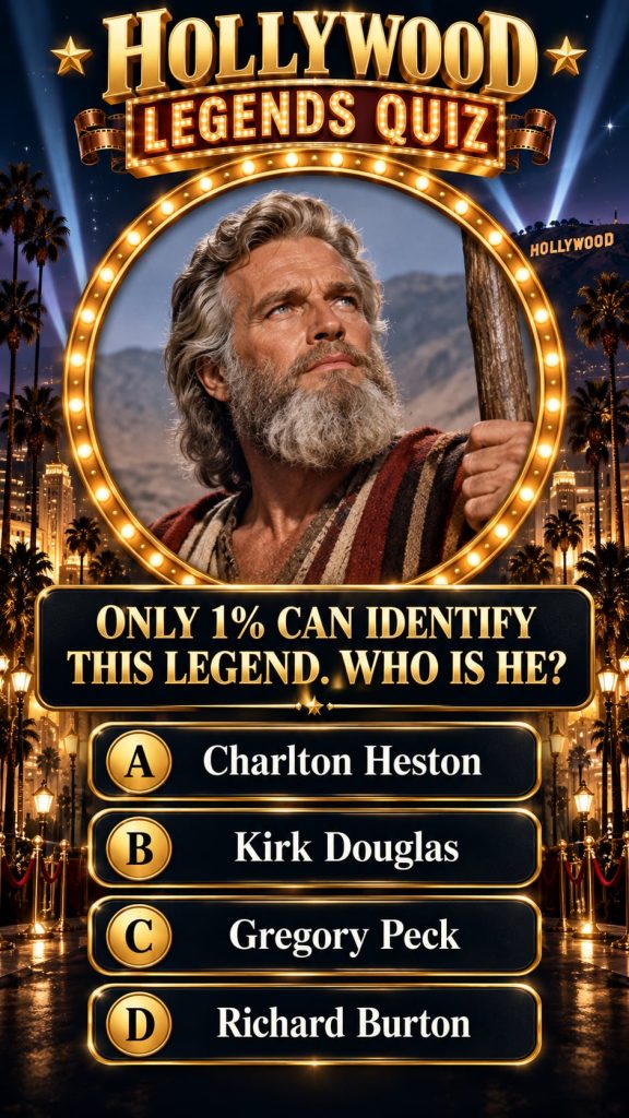 Close-up of a distinguished male actor from the Golden Age of Hollywood in character makeup prompting a guess who quiz