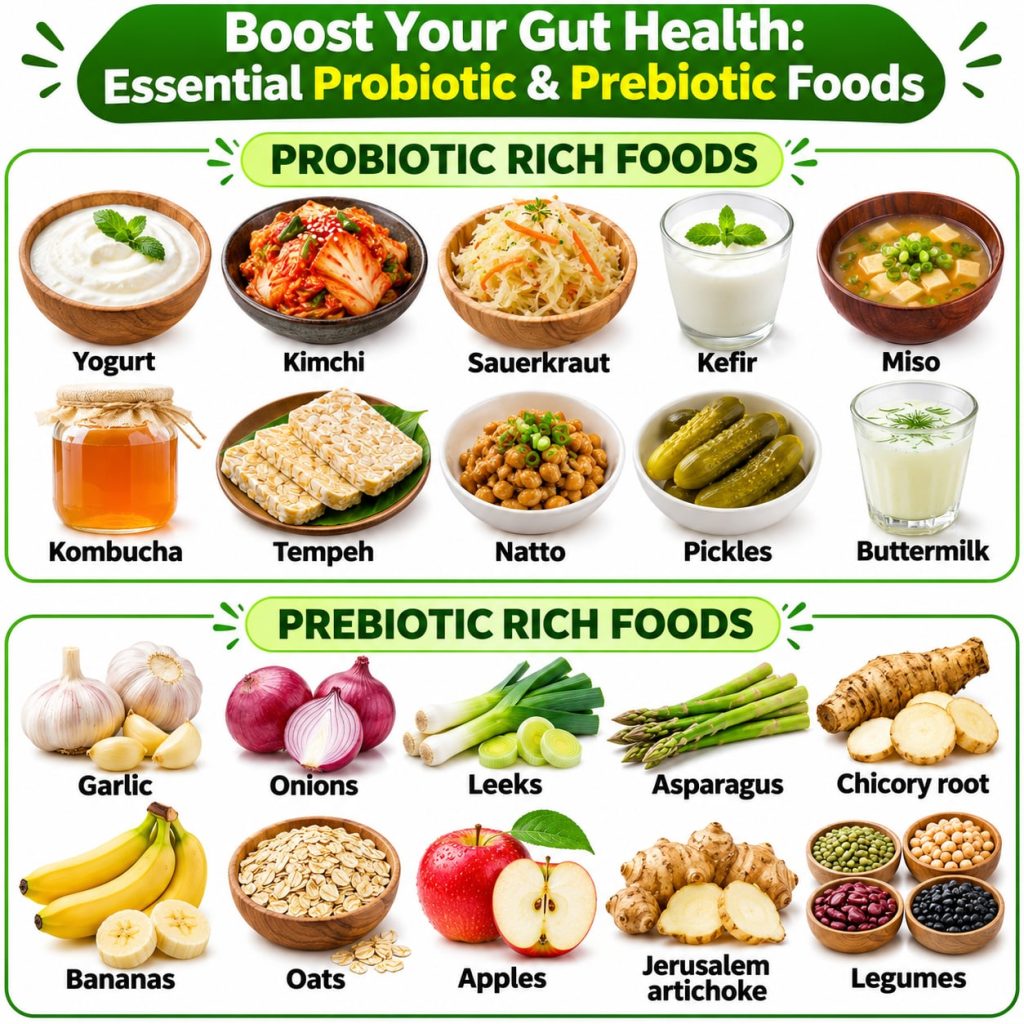A vibrant spread of various probiotic and prebiotic foods such as yogurt kimchi oats and bananas arranged attractively o
