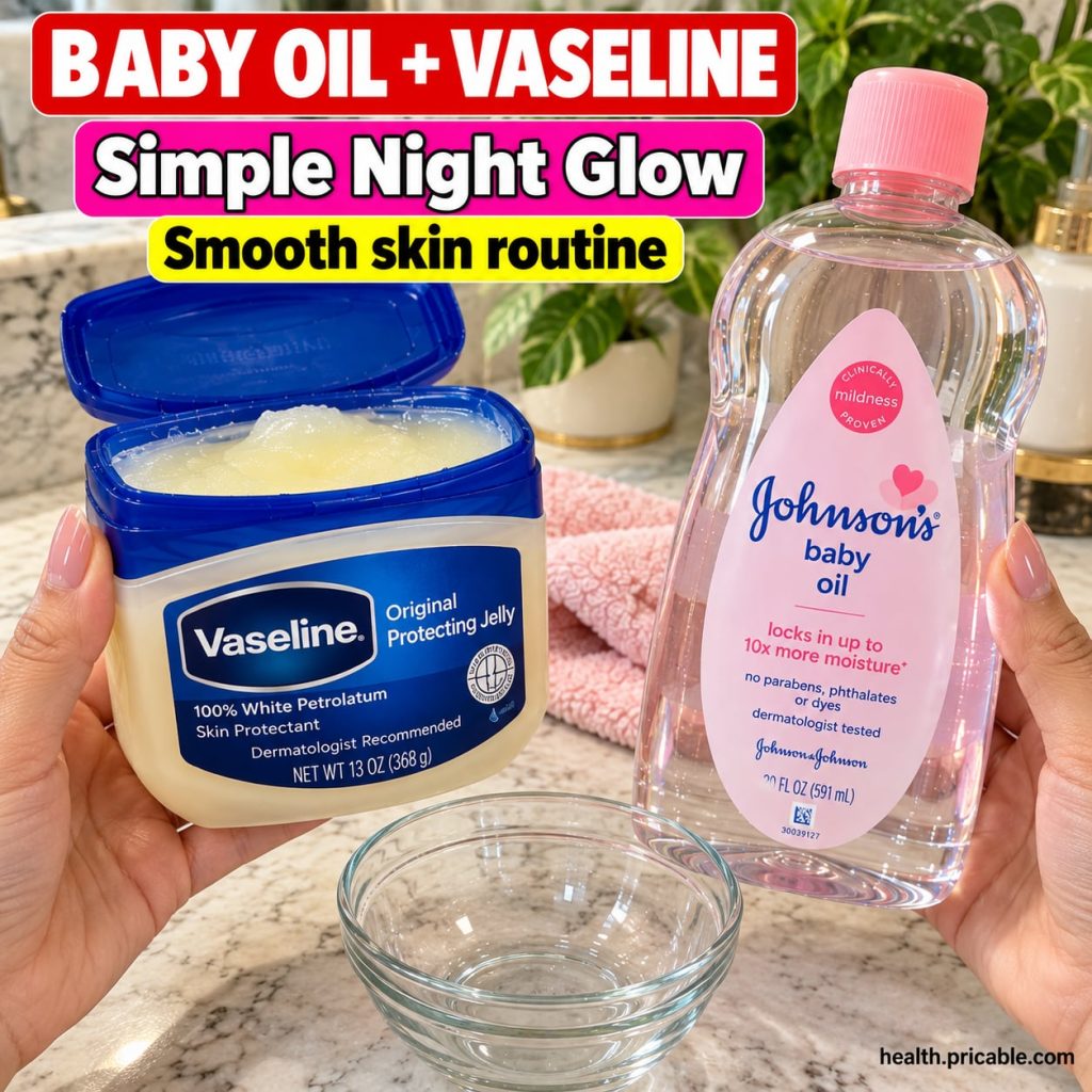 A small white jar of Vaseline petroleum jelly next to a bottle of baby oil on a clean bathroom counter with soft lightin
