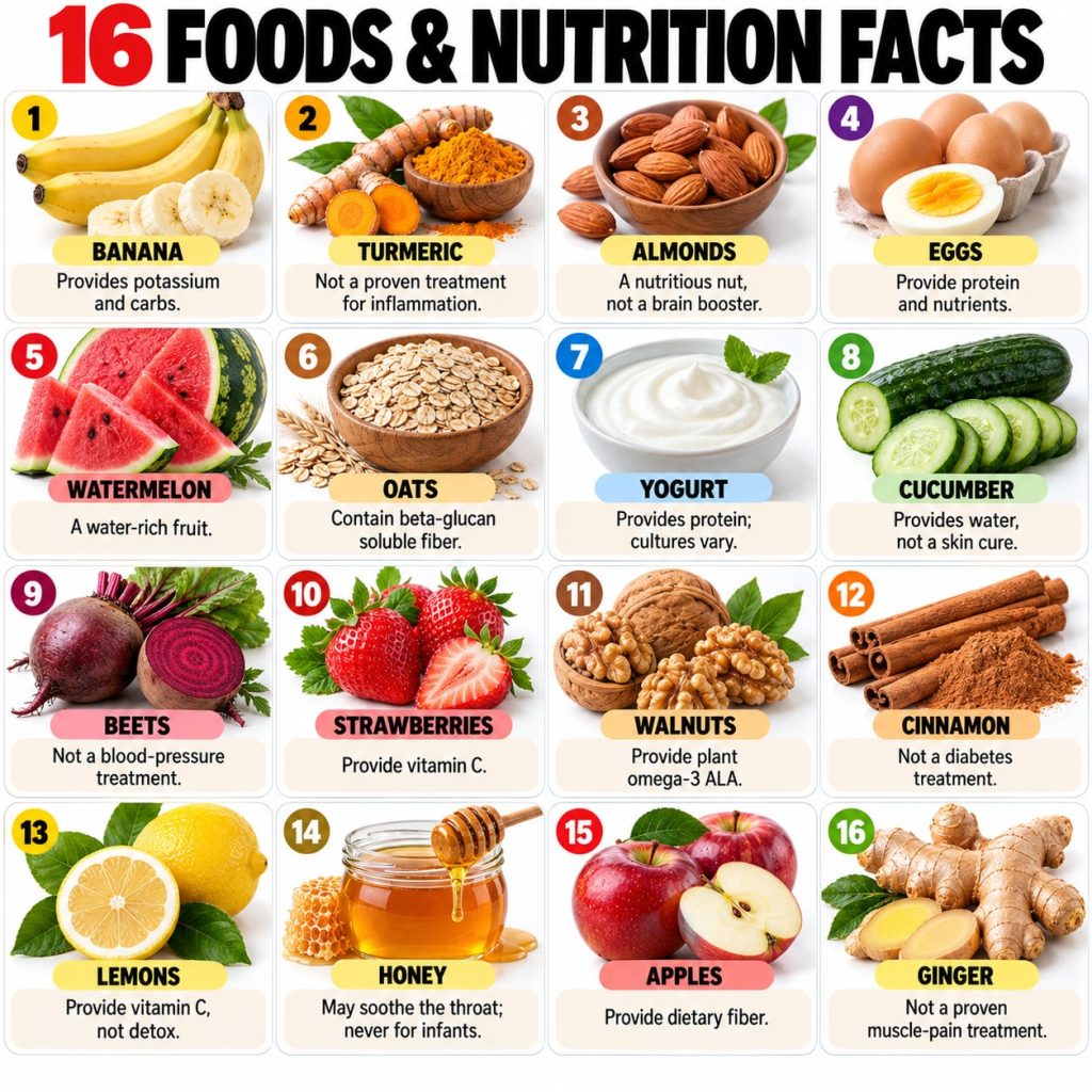 An infographic titled 16 FOODS NUTRITION FACTS with a question Is food really medicine and short facts about bananas oat