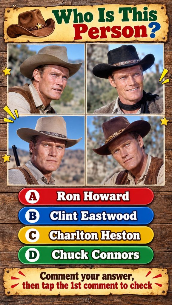 A close-up shot of a famous actor from classic Western movies inviting viewers to identify him