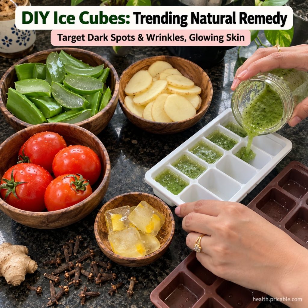 Various natural ingredients like green tea and aloe vera alongside ice cubes in an ice tray suggesting a DIY beauty reme