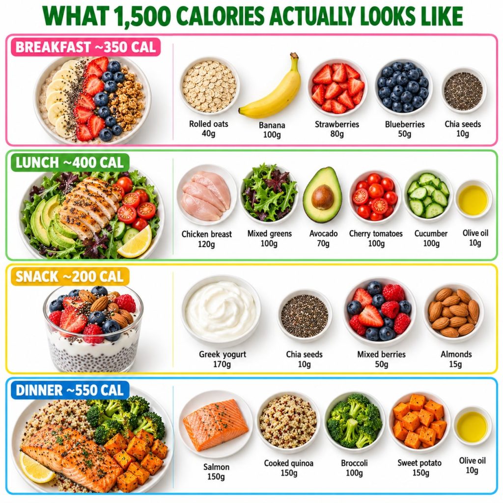 A visual representation of a full day s balanced meals portioned for a 1 500-calorie diet laid out on a table