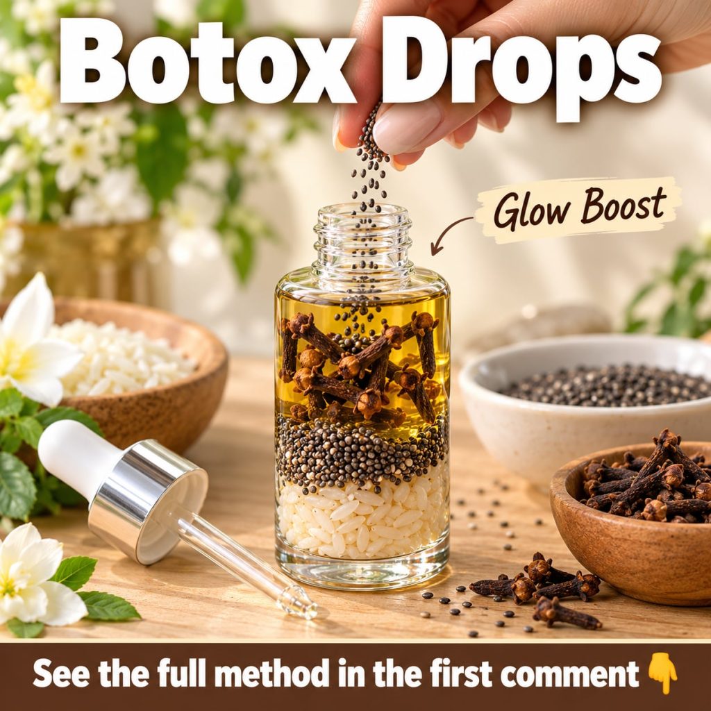 A close-up of a small glass dropper bottle filled with a translucent liquid surrounded by dry cloves chia seeds and rice