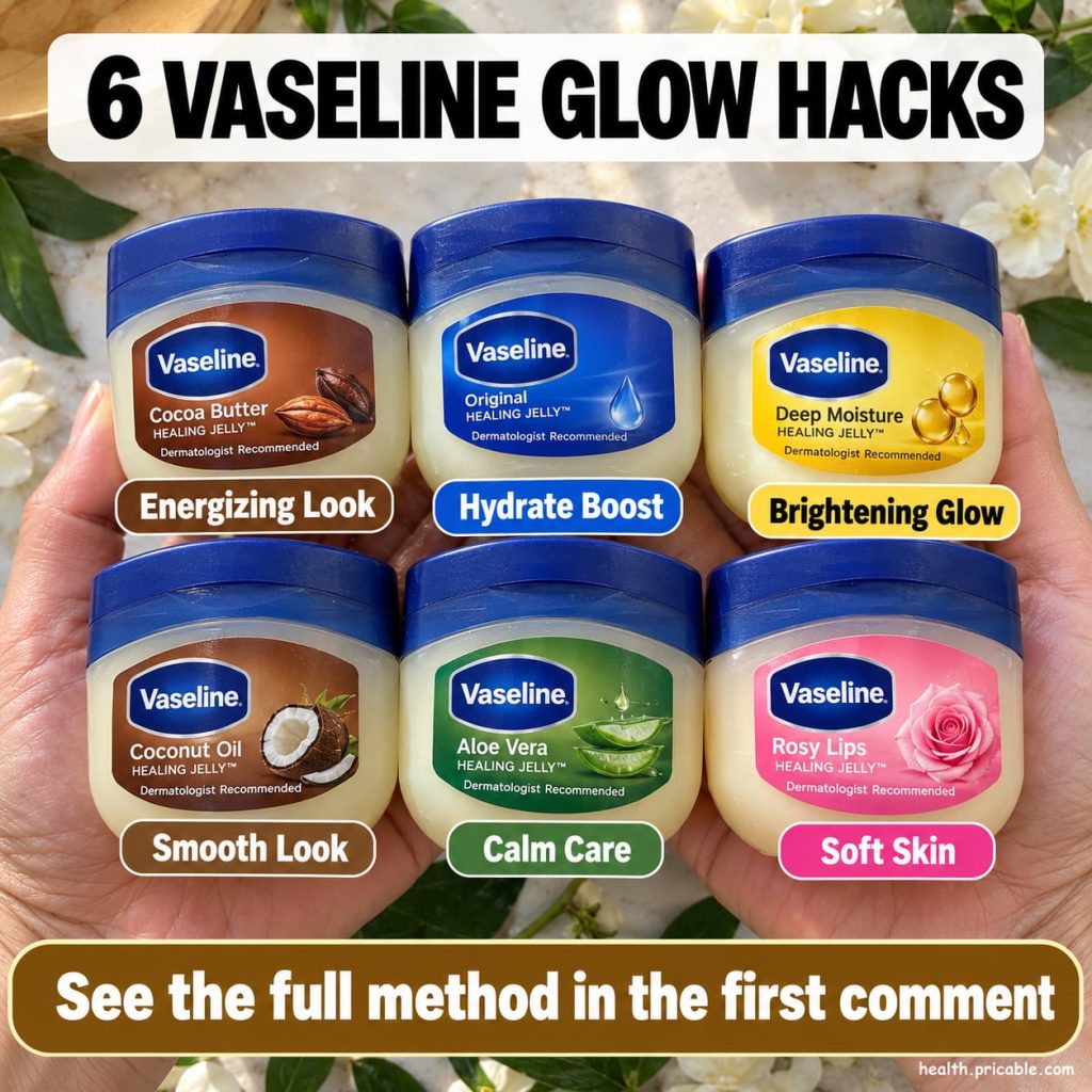 A jar of Vaseline petroleum jelly surrounded by various natural beauty ingredients like aloe vera almond oil sugar and h