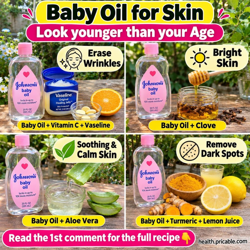 A collection of ingredients for the glow gel a bottle of baby oil a jar of aloe vera gel a small dish of Vitamin C powde