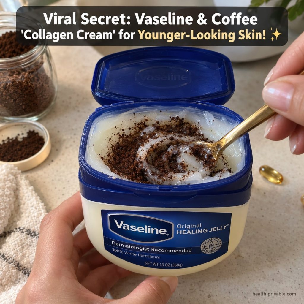 A small clear glass jar filled with a creamy light brown Vaseline and coffee mixture sitting on a rustic wooden surface 