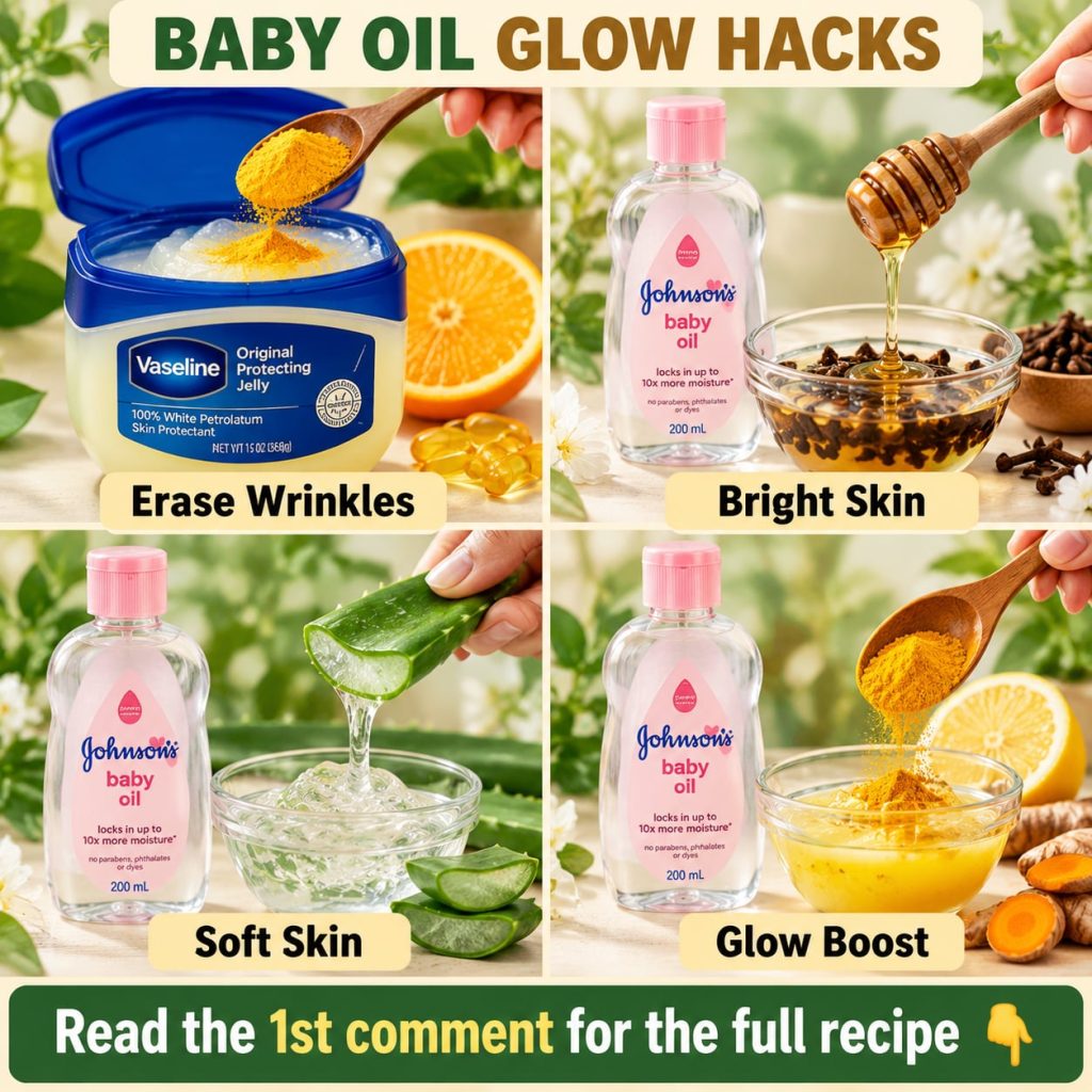 A close-up shot of a small glass jar containing a golden shimmering glow gel mixture with a bottle of baby oil and some