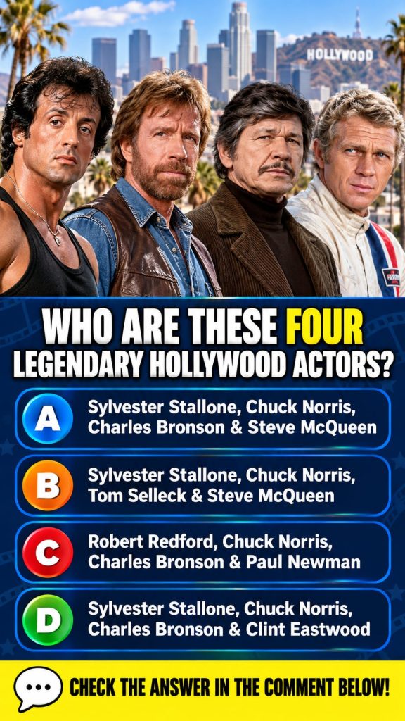 A collage featuring headshots of four iconic Hollywood actors Sylvester Stallone Chuck Norris Charles Bronson and Steve 
