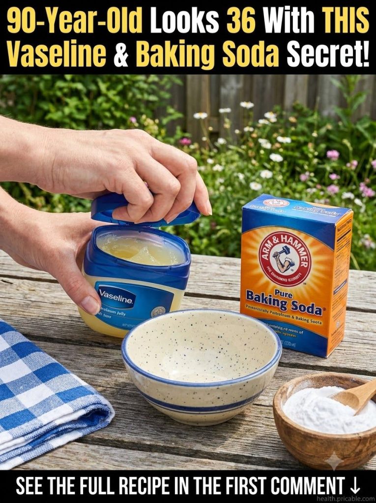 A small bowl containing a creamy white paste with a jar of Vaseline and a box of baking soda in the background on a clea