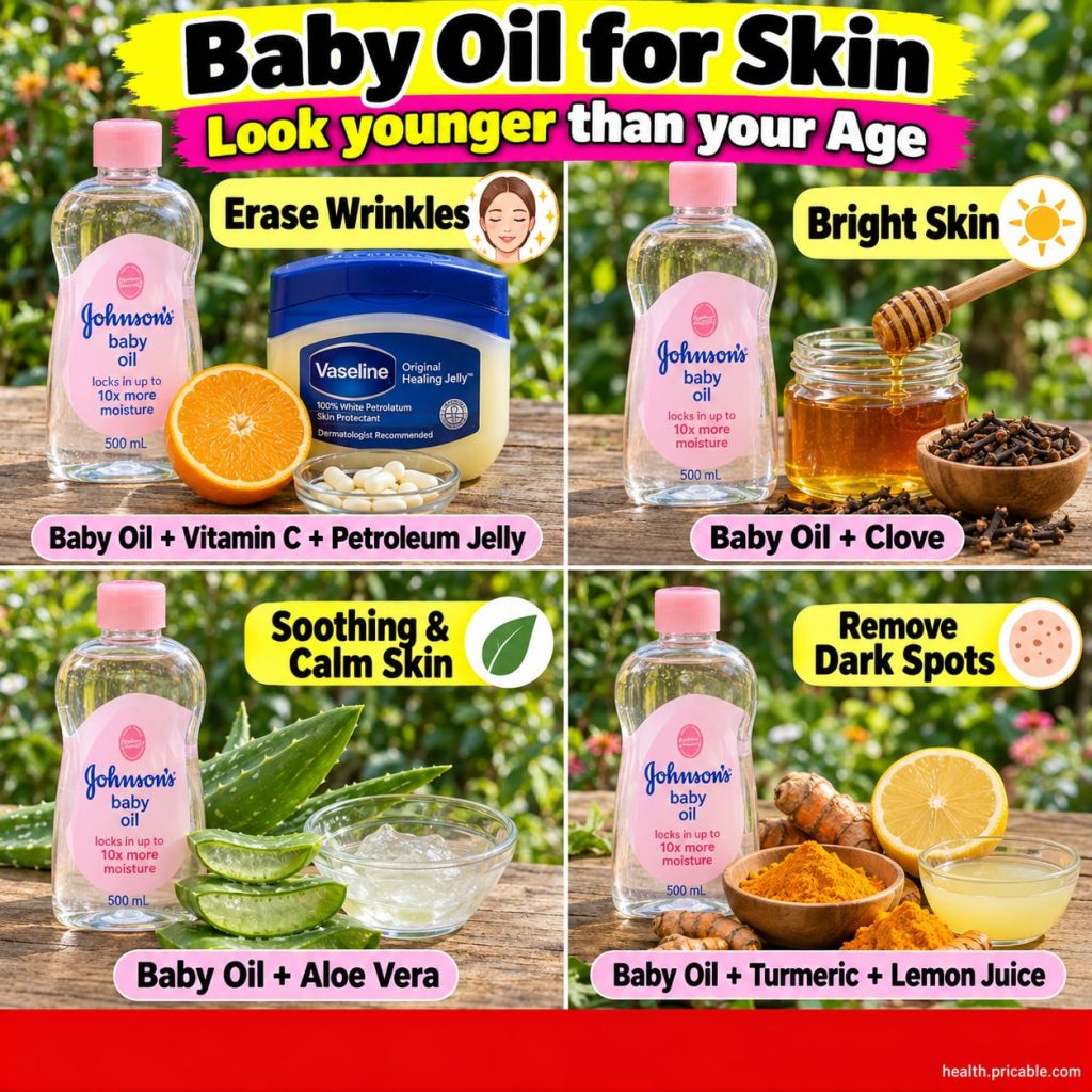 A bottle of baby oil next to a small bowl of a clear glowing gel with soft focus on radiant skin in the background