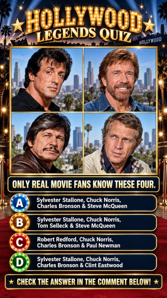 A collage of four distinct classic Hollywood actors each in a separate framed section for a quiz challenge