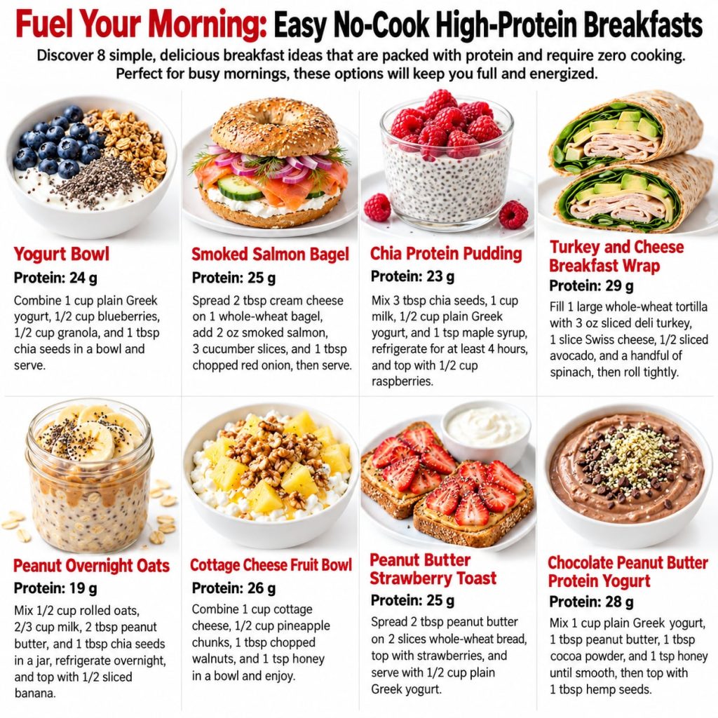 A vibrant spread of various no-cook high-protein breakfast items including a Greek yogurt parfait overnight oats and a p