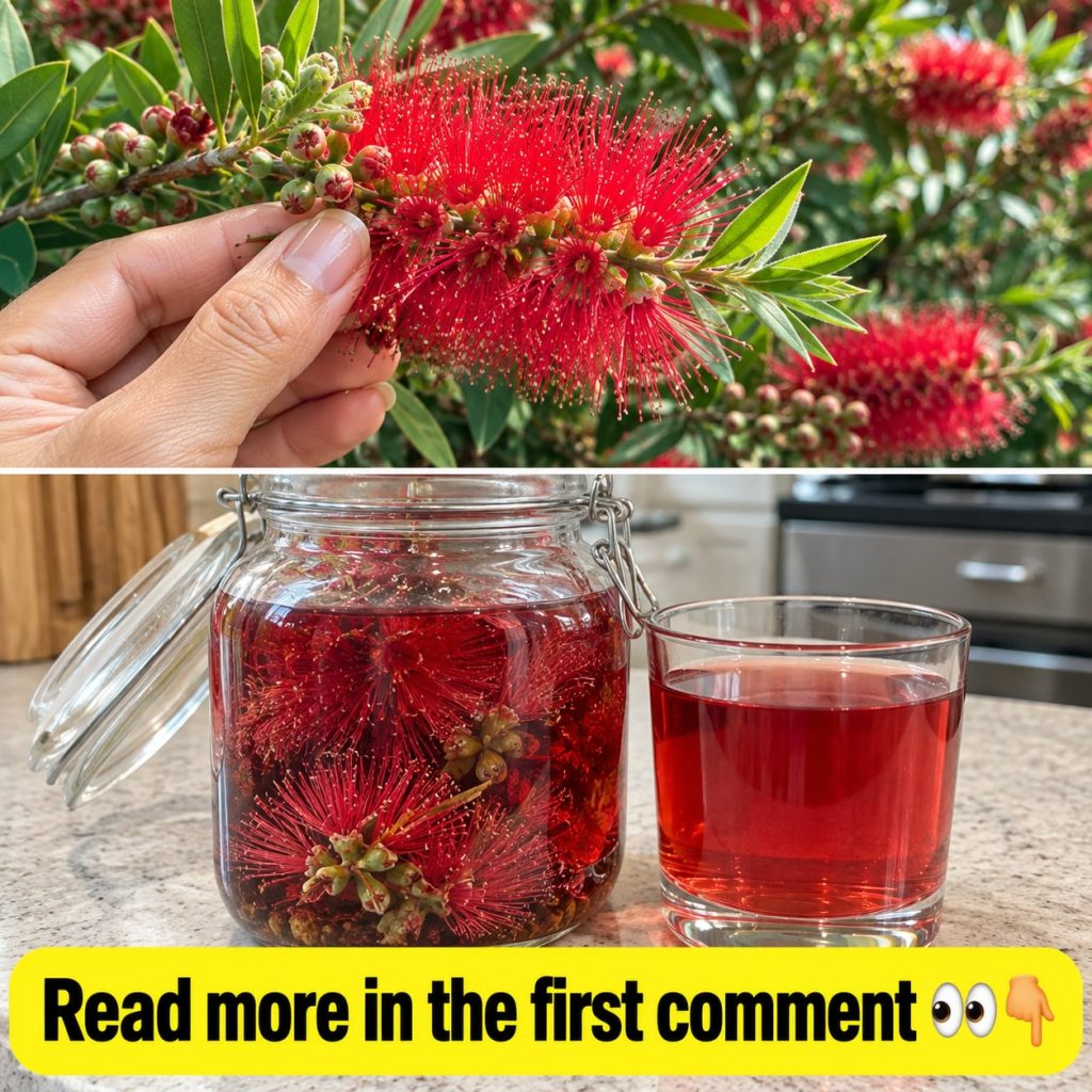 A close-up of a vibrant red bottlebrush flower with green leaves illuminated by natural sunlight