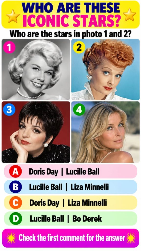 A quiz card featuring two iconic classic Hollywood stars side-by-side prompting viewers to guess their names