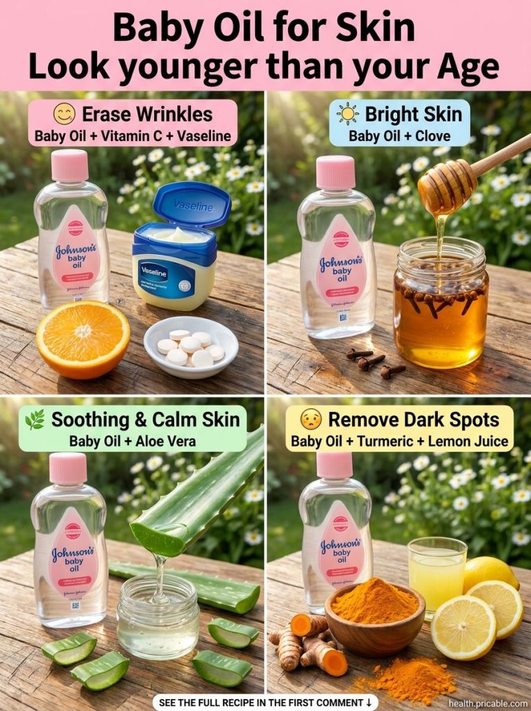 A bottle of Johnson s Baby Oil next to small bowls of turmeric powder vitamin C powder honey and aloe vera gel represent