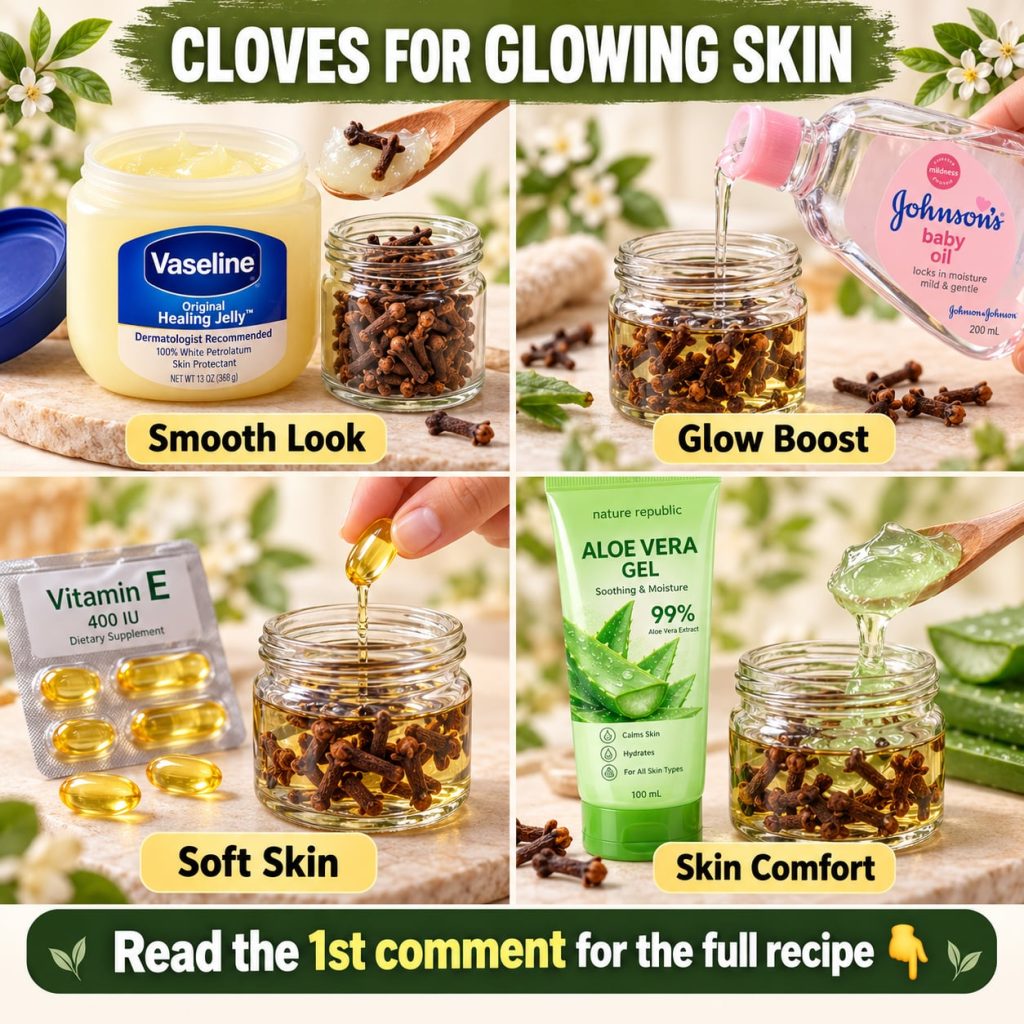A close-up of cloves and other natural beauty ingredients like a jar of Vaseline a bottle of Johnson s Baby Oil an aloe
