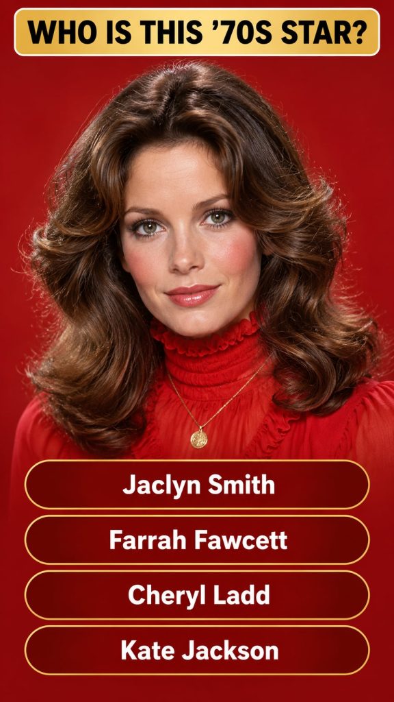 A close-up portrait of a famous iconic Hollywood actress from the 1970s with a classic hairstyle and elegant makeup look