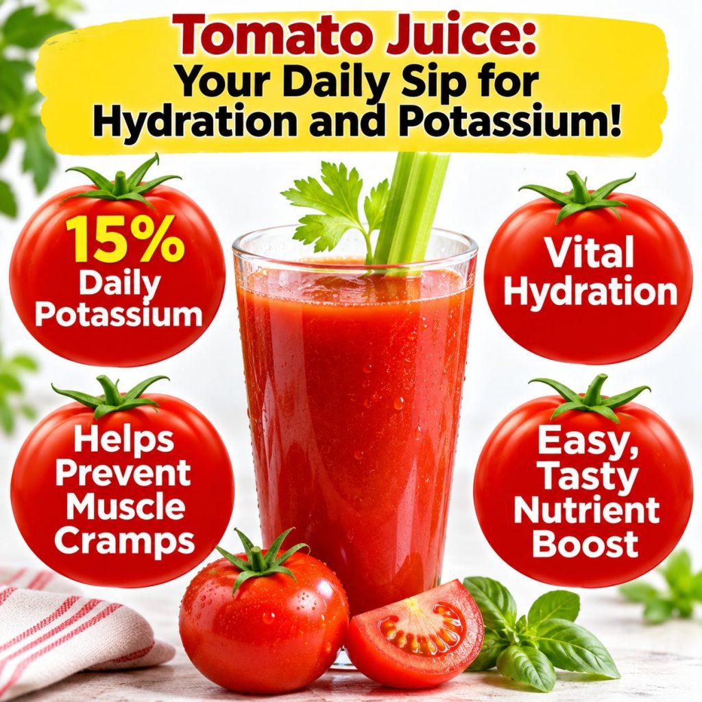A vibrant refreshing glass of tomato juice perhaps with a celery stick or a lemon wedge showing its appealing and health
