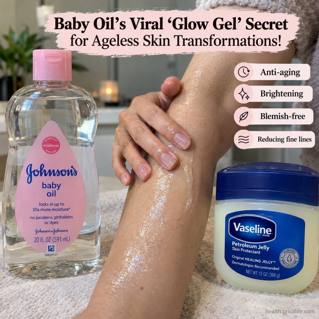 A small glass jar of homemade glow gel with baby oil next to a bottle of baby oil and a fresh aloe vera leaf on a rustic