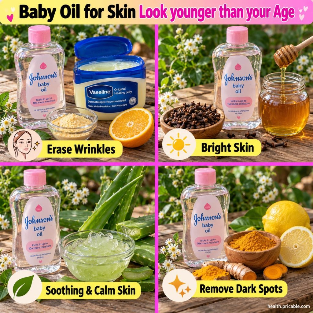 A bottle of baby oil next to a small glass jar of a homemade glow gel with soft diffused lighting conveying a sense of n