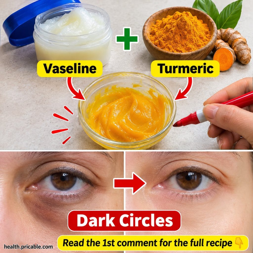 Ingredients for Vaseline and turmeric eye remedy showing a small jar of petroleum jelly and a spoonful of turmeric powde