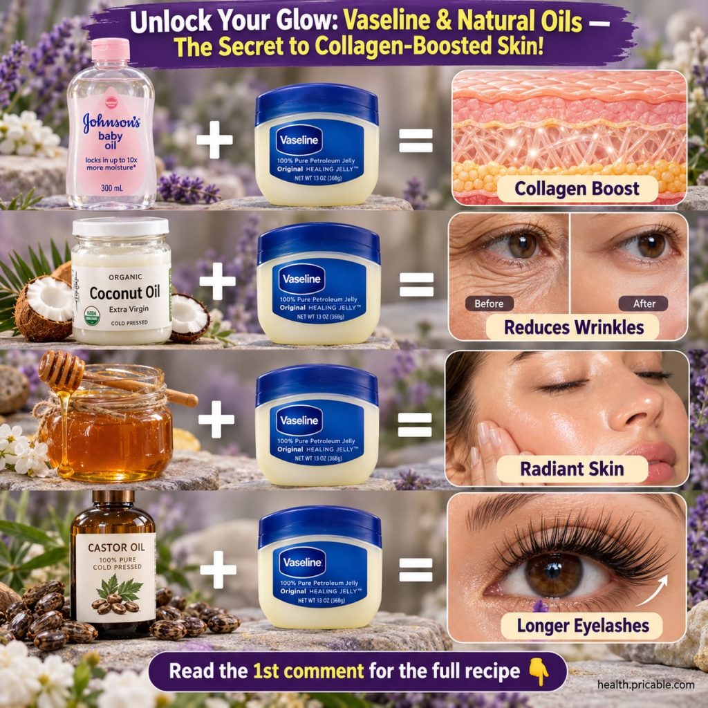 A collection of beauty ingredients Vaseline petroleum jelly baby oil coconut oil castor oil and a pot of honey arranged