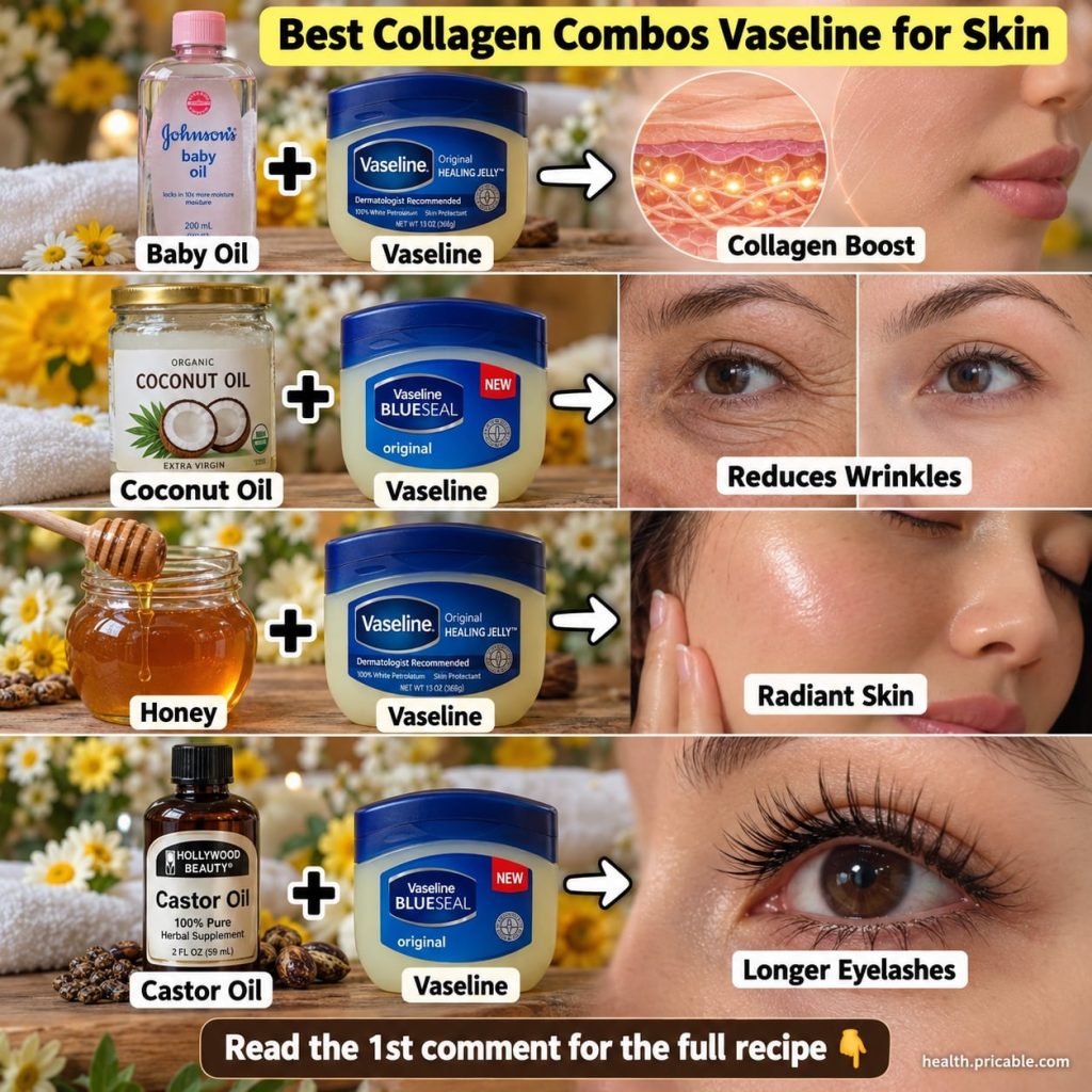 A woman applying a small amount of a homemade Vaseline mixture to her cheek for radiant skin