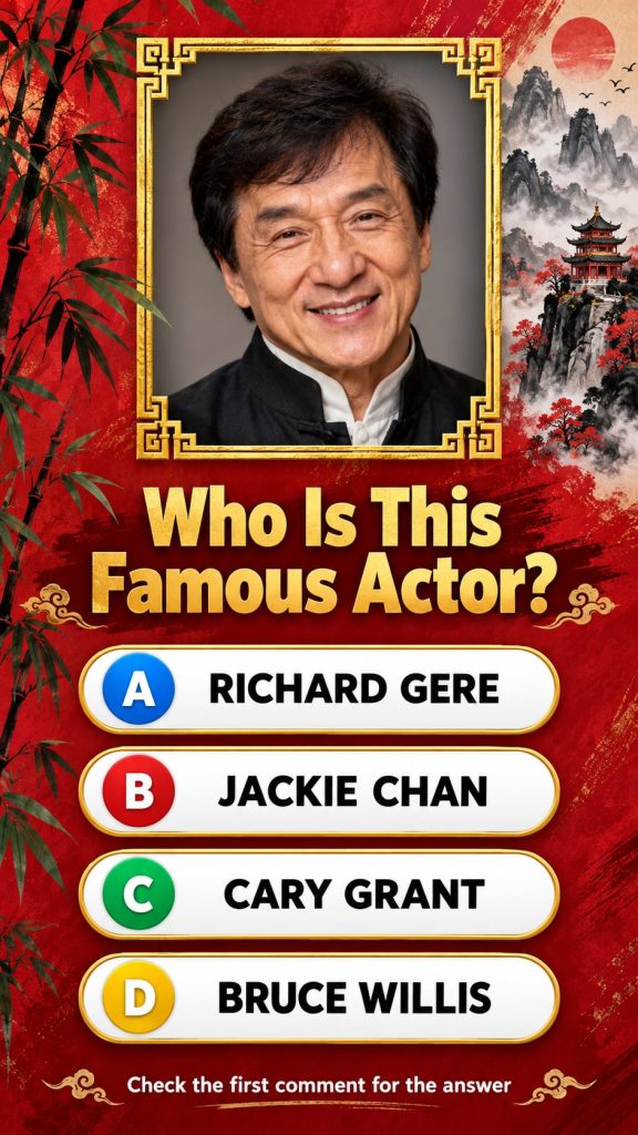 A prominent portrait of Jackie Chan looking charismatic and recognizable suitable for a guess the actor quiz