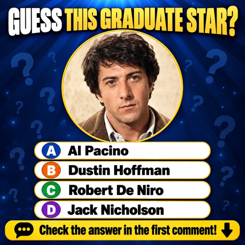 A quiz graphic with the question GUESS THIS GRADUATE STAR and a circular portrait of a young Dustin Hoffman with multipl
