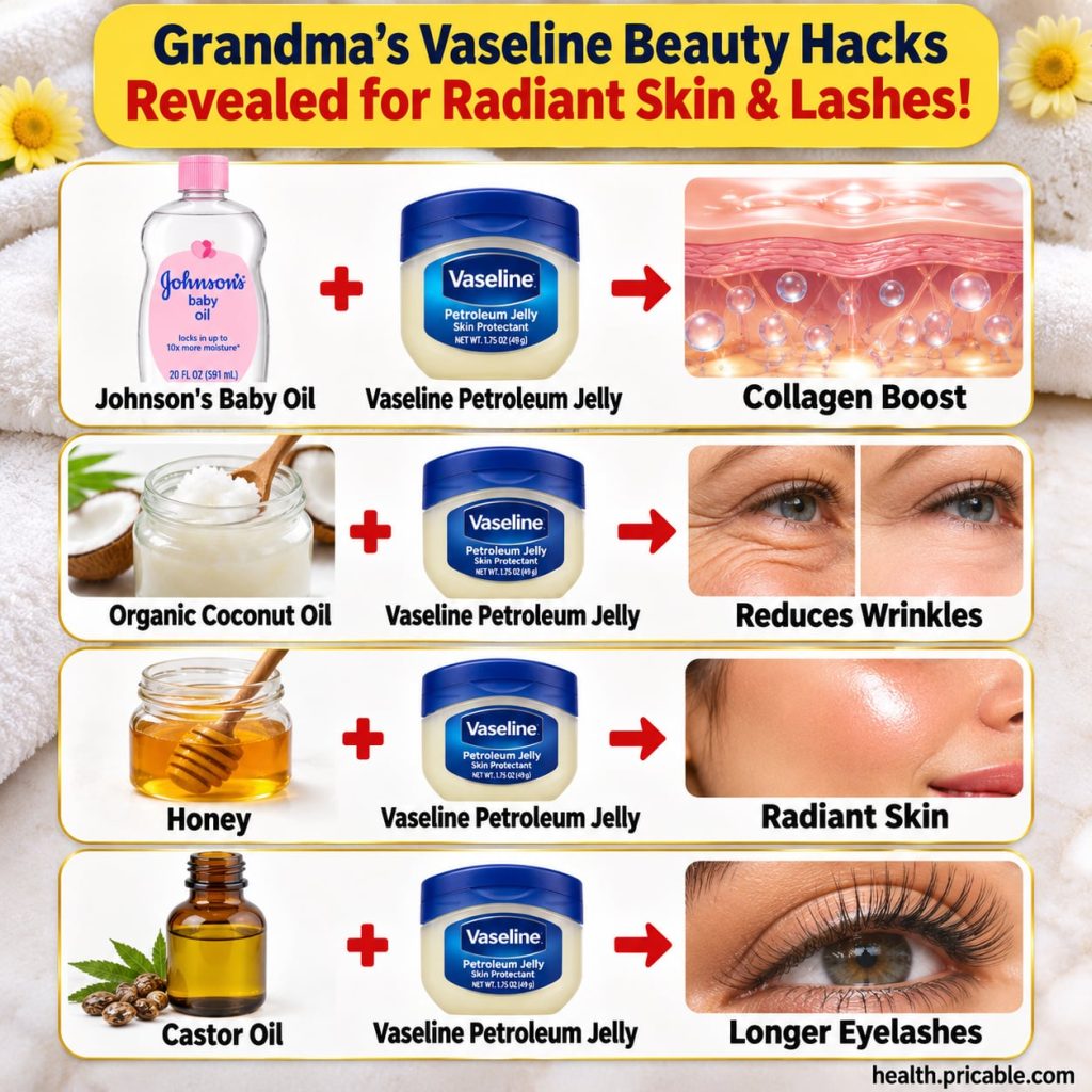 A vintage-style flat lay featuring a jar of Vaseline a small mixing bowl a spoon and some natural ingredients like vitam