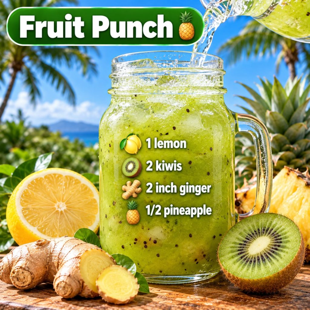 A tall glass filled with colorful tropical fruit punch garnished with slices of pineapple orange and a cherry against a
