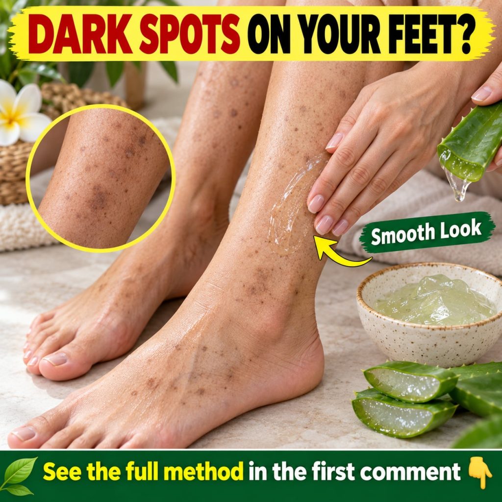 Close-up of a person s foot with a few dark spots next to a fresh aloe vera leaf and a small bowl of aloe gel