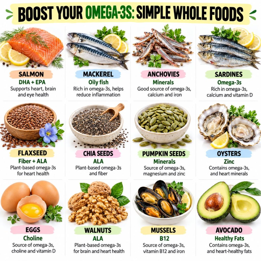 A variety of whole foods rich in Omega-3s such as salmon avocados walnuts chia seeds and flaxseeds arranged appealingly 