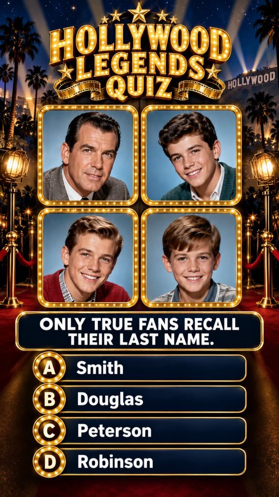The main cast of the classic 1960s sitcom My Three Sons featuring Fred MacMurray with his on-screen sons
