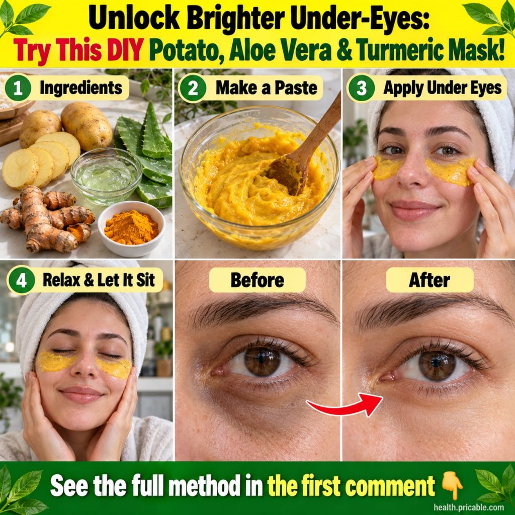 A close-up of a small bowl containing a yellow paste representing the DIY under-eye mask with fresh potato slices aloe v