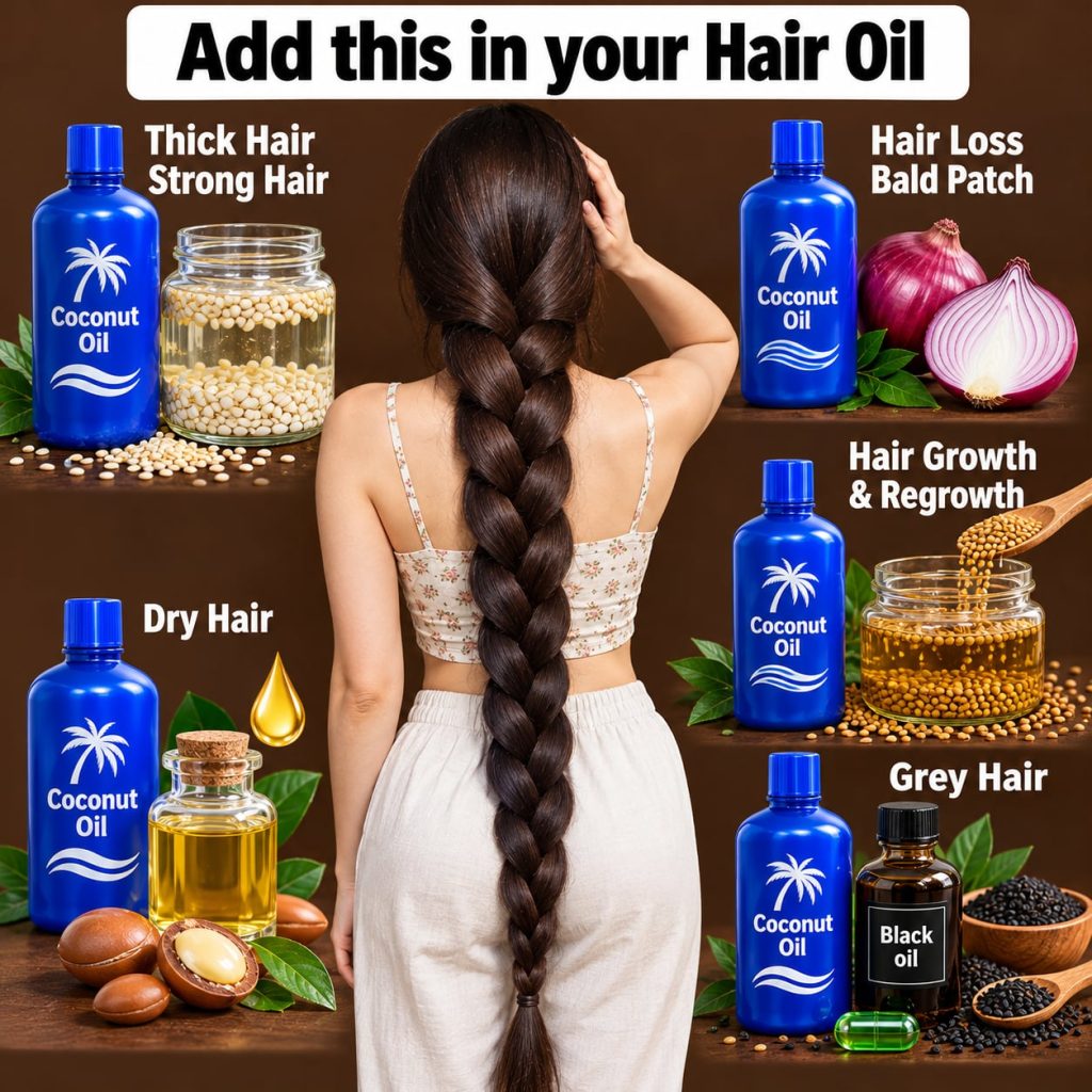 A bottle of Parachute Coconut Oil next to small bowls of natural ingredients like castor oil and dried rosemary set agai