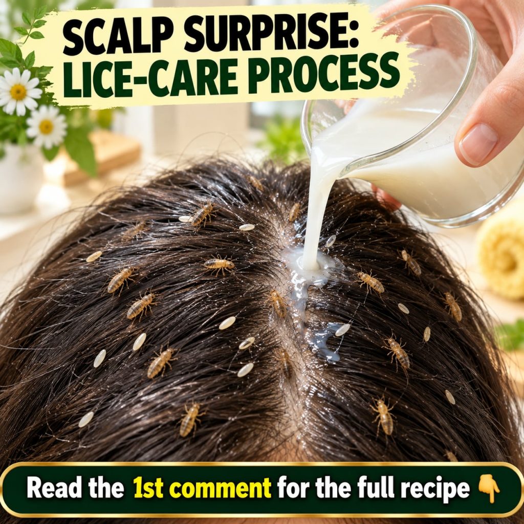 A split image or before-and-after comparison showing a scalp with lice on one side and a clean healthy scalp on the othe
