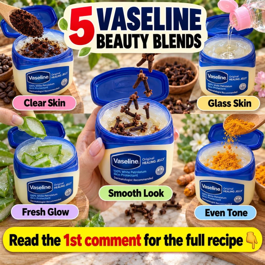 A small tub of Vaseline next to a bowl of ground coffee and coffee beans indicating a DIY beauty mixture