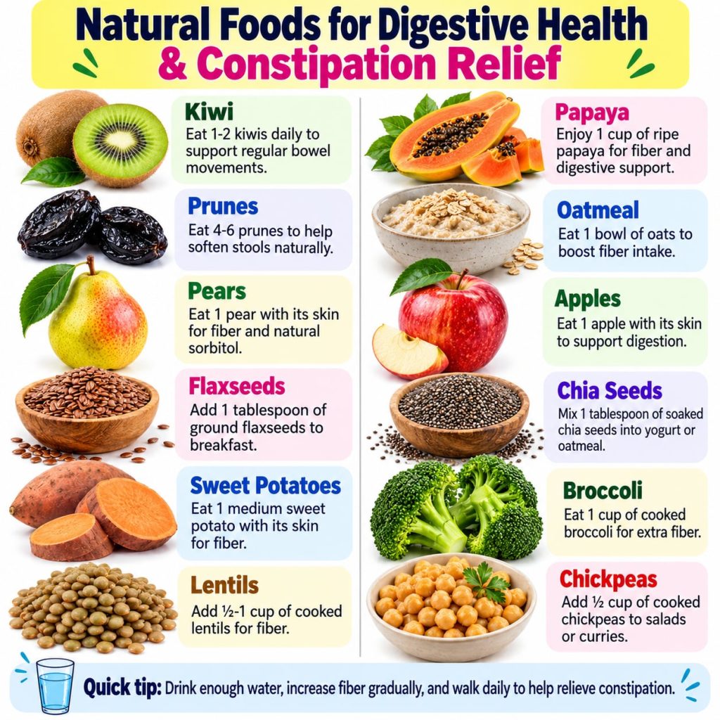 A colorful array of fiber-rich foods known to help with digestion such as kiwis pears apples sweet potatoes and oatmeal 