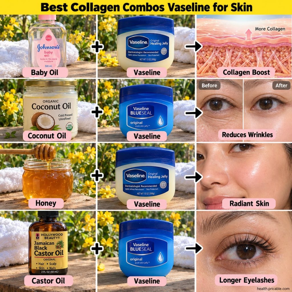 A vintage-style glass jar of Vaseline petroleum jelly surrounded by natural ingredients like small bottles of castor oil