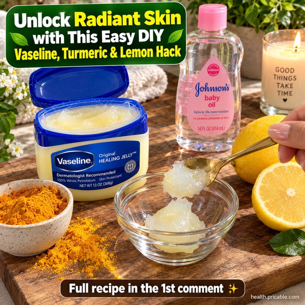A small glass jar with a yellow paste inside made from Vaseline turmeric and lemon with fresh lemon slices and a small b