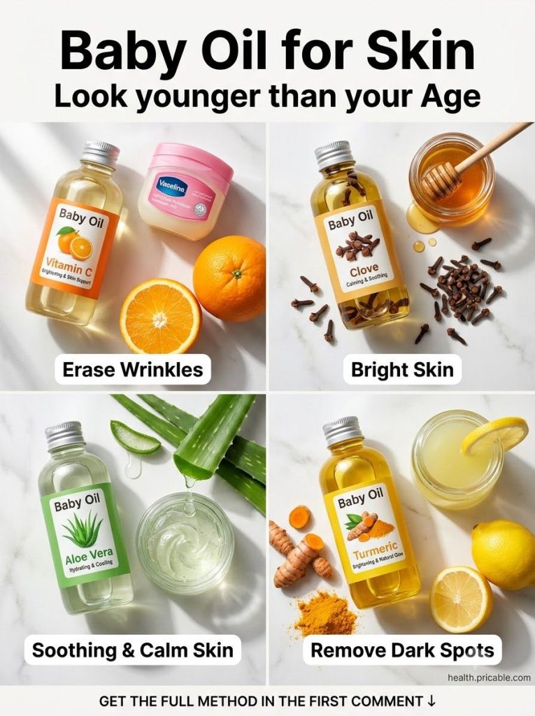 A variety of small glass jars containing different DIY baby oil beauty combinations with fresh ingredients like orange s