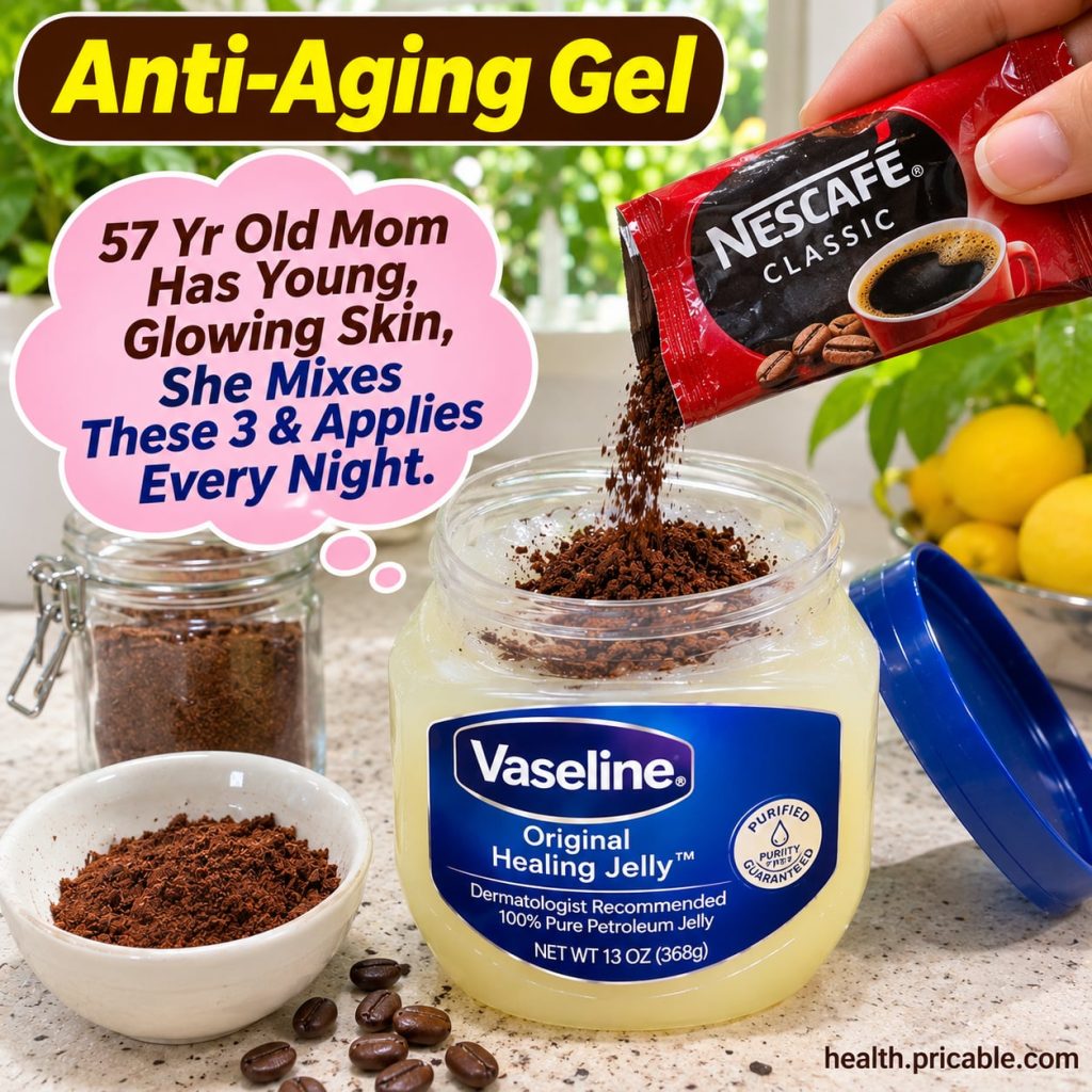 A woman in her late 50s with radiant smooth skin gently applying a coffee and Vaseline mask to her face in a softly lit 